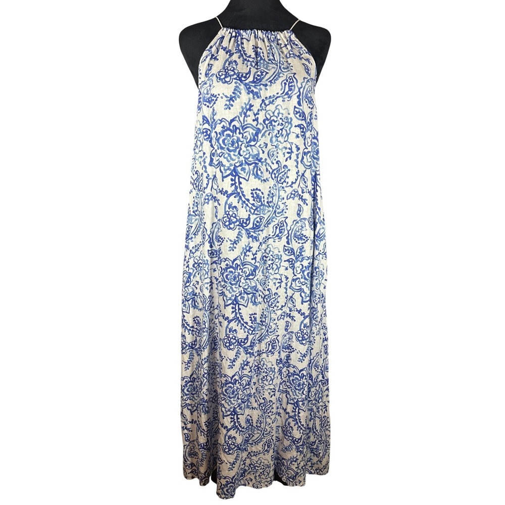 Caroline Constas Long Sun Dress Sz M Blue White Floral Halter Pockets Coastal - Picture 9 of 12